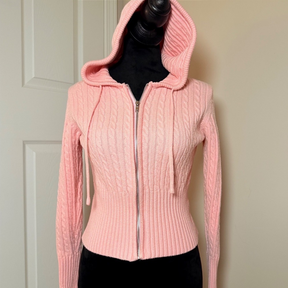 Vine and Valley Pink Hoodie Sweatshirt Cable Knit Full Zip Y2K Size L